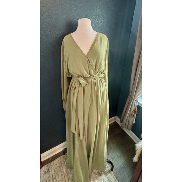 Baltic Born Olive Sage Green Maxi Dress Sz 2X Flowy With Sash - Picture 3 of 12